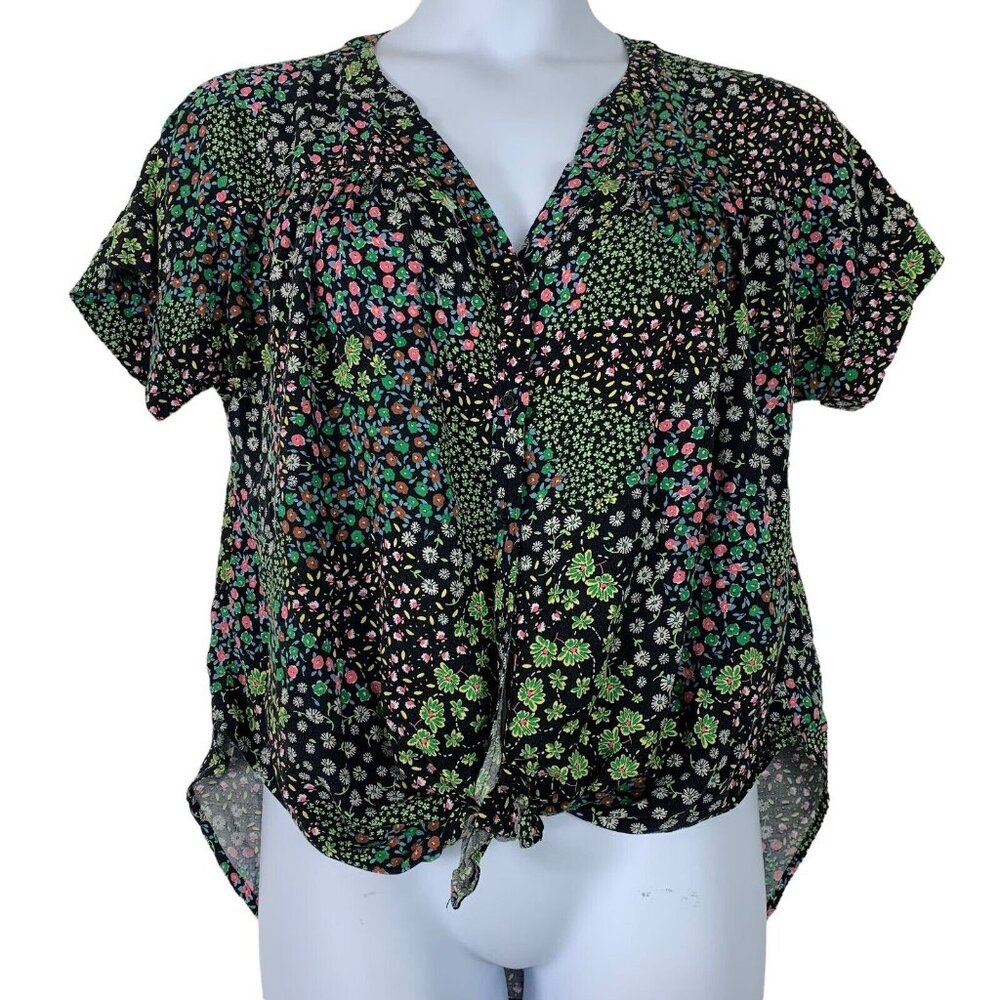 Cooper Ella Size Medium Blouse Button Tie Front High Low Black Colorful Floral